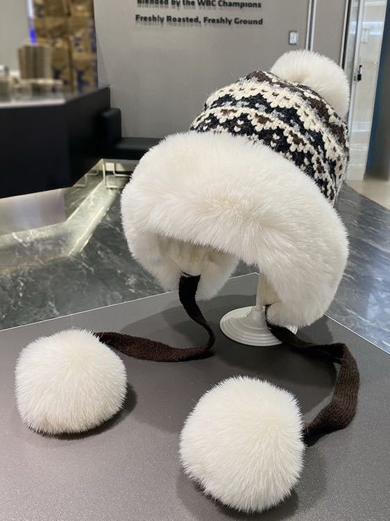 Winter Gestrickt Verdickt mit Vlies-Futter Kragen Schutz Warm Jacquard Muster Vielseitig Lässig Ohr-Abdeckung Hut