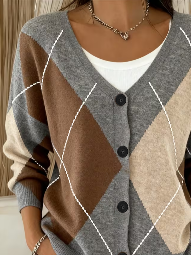 Damen Abstrakt Langarm V-Ausschnitt Lässig Frühling/Herbst Strickjacke Oberbekleidung