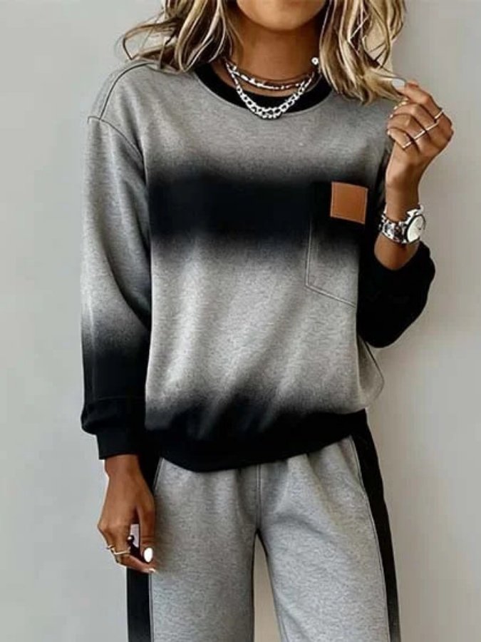 Damen Farbverlauf Print Zweiteiliges Set Täglich Langarm Lässig Frühling/Herbst Bluse mit Hose Matching Set