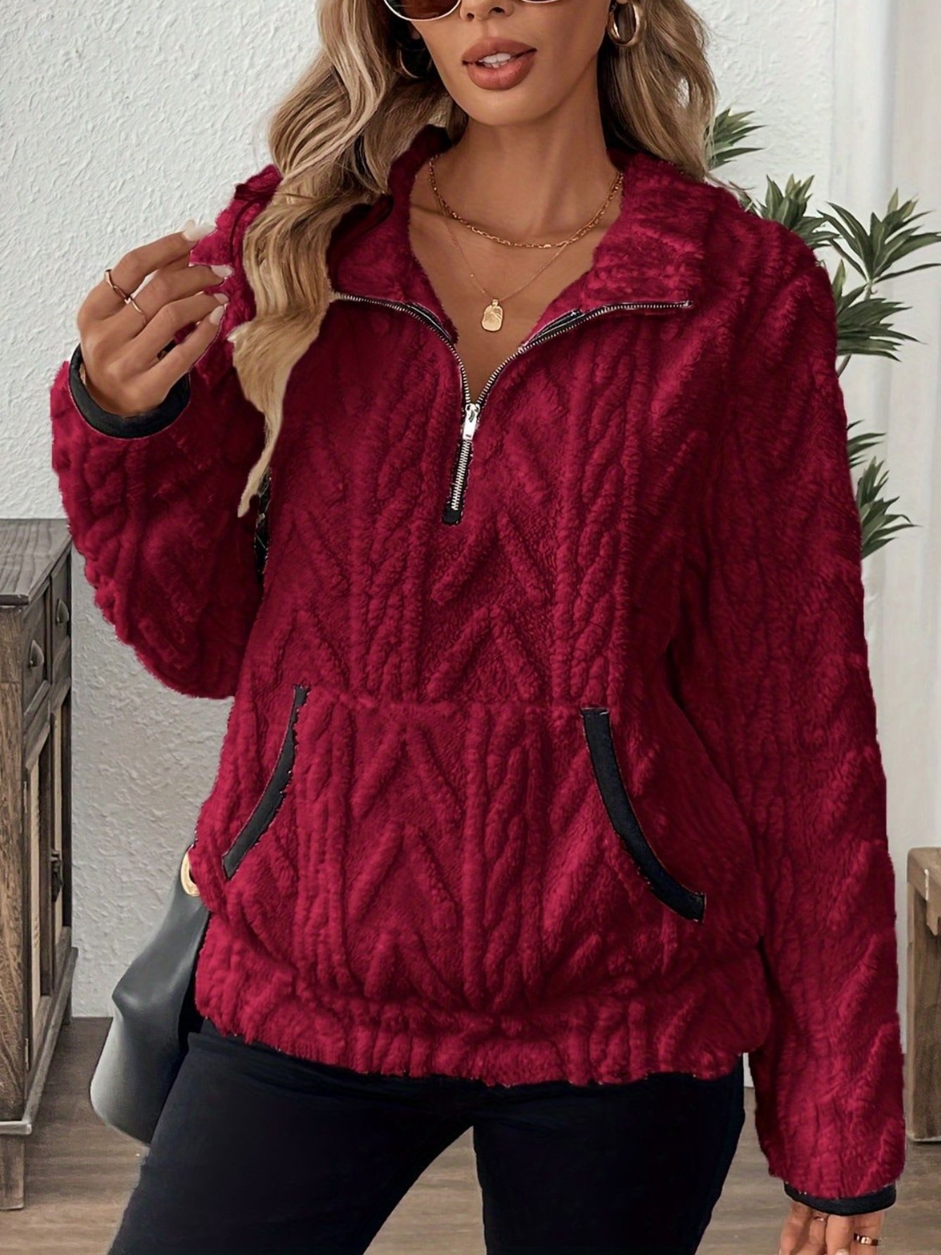 Damen Unifarben Stehkragen Jacquard Lässig Frühling/Herbst Langarm Sweatshirt