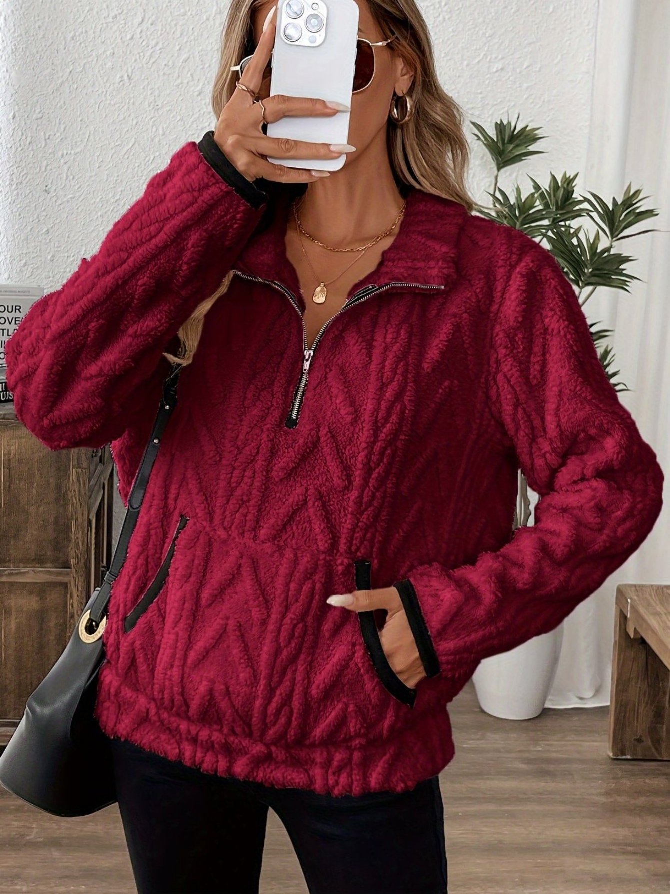 Damen Unifarben Stehkragen Jacquard Lässig Frühling/Herbst Langarm Sweatshirt