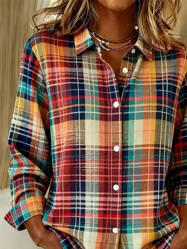 Damen Kariert Langarm Bluse Frühling/Herbst Schnalle Hemdkragen Normale Ärmel Täglich Lässig Oberteile