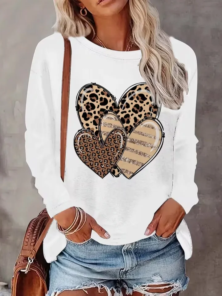 Damen Leopard Langarm T-Shirts T-Shirt Rundhals Print Lässig Frühling/Herbst T-Shirt mit Grafik Oberteile