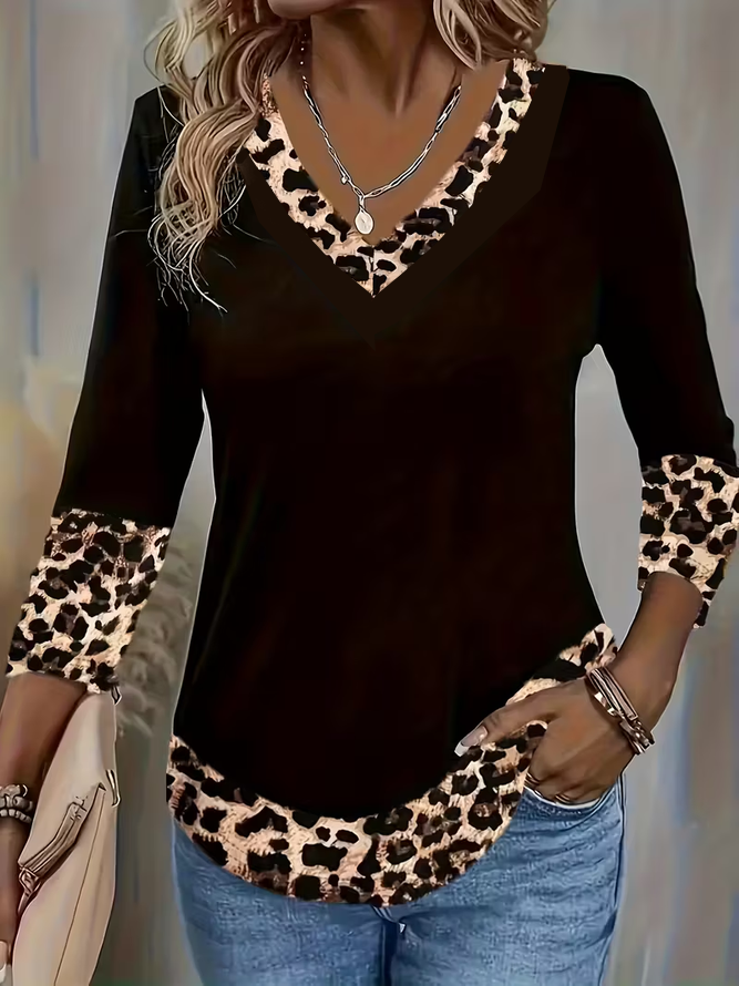 Damen Leopard Langarm T-Shirts T-Shirt V-Ausschnitt Print Lässig Frühling/Herbst T-Shirt mit Grafik Oberteile