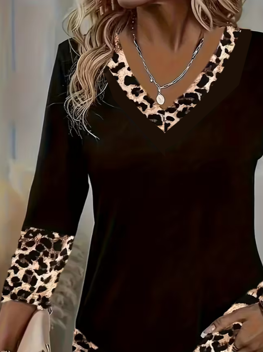 Damen Leopard Langarm T-Shirts T-Shirt V-Ausschnitt Print Lässig Frühling/Herbst T-Shirt mit Grafik Oberteile