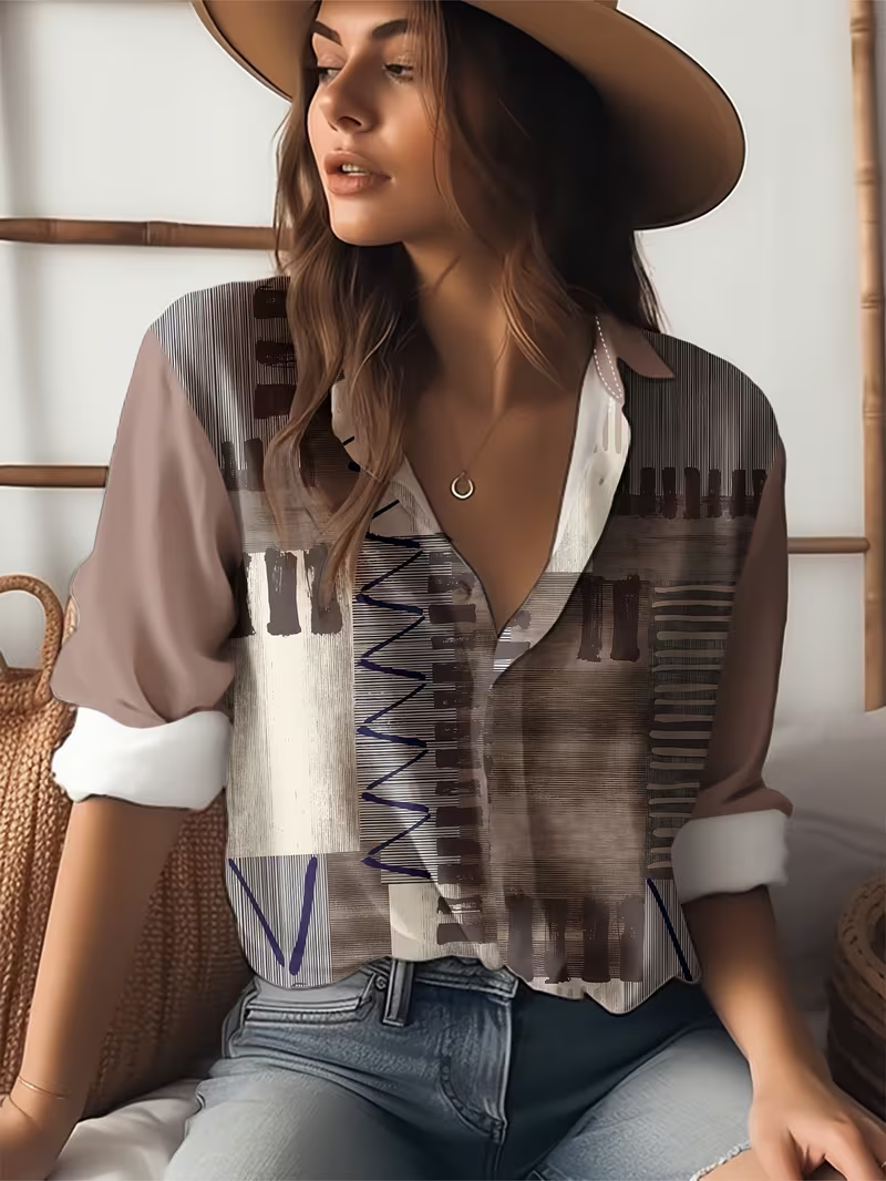 Damen Abstrakt Langarm Bluse Frühling/Herbst Schnalle Hemdkragen Normale Ärmel Täglich Lässig Oberteile