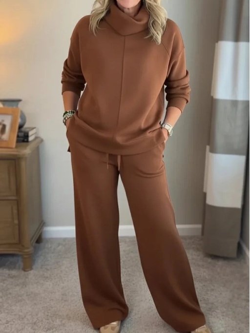 Damen Unifarben Nahtverarbeitung Zweiteiliges Set Täglich Langarm Lässig Frühling/Herbst Bluse mit Hose Matching Set