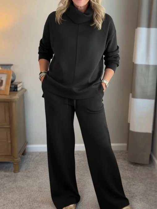 Damen Unifarben Nahtverarbeitung Zweiteiliges Set Täglich Langarm Lässig Frühling/Herbst Bluse mit Hose Matching Set