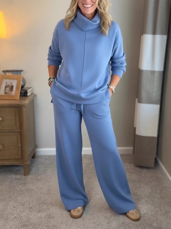 Damen Unifarben Nahtverarbeitung Zweiteiliges Set Täglich Langarm Lässig Frühling/Herbst Bluse mit Hose Matching Set