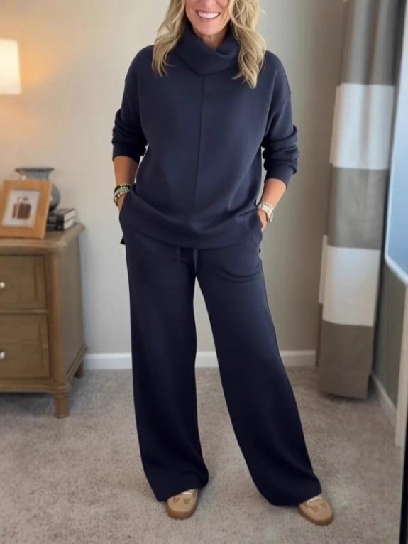 Damen Unifarben Nahtverarbeitung Zweiteiliges Set Täglich Langarm Lässig Frühling/Herbst Bluse mit Hose Matching Set