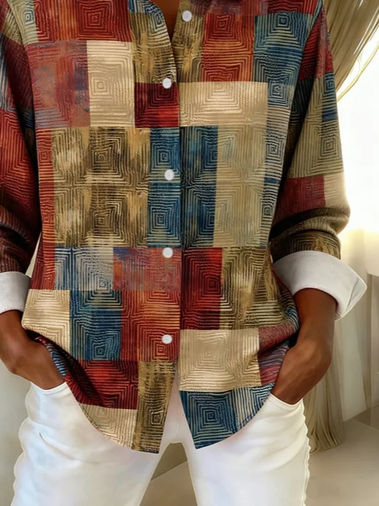 Damen Abstrakt Langarm Bluse Frühling/Herbst Schnalle Hemdkragen Normale Ärmel Täglich Lässig Oberteile