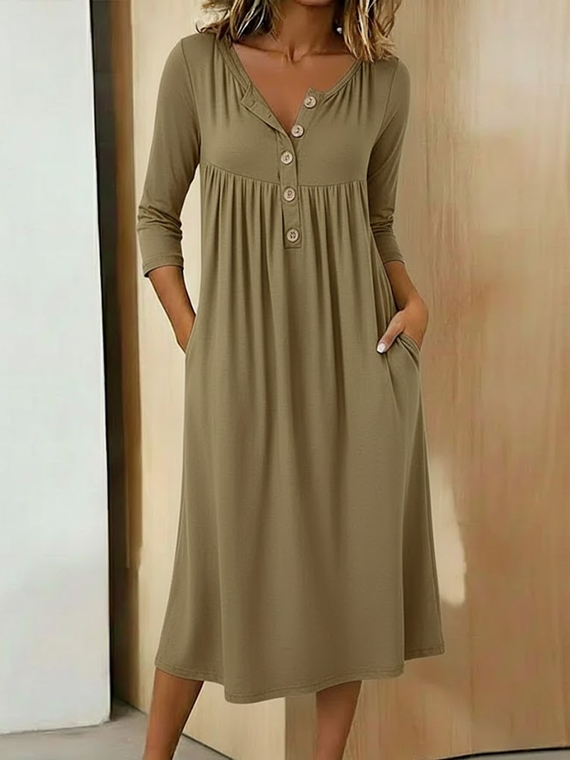 Damen Unifarben Halbarm Sommer Kleid Halb offener Kragen Urlaub Retro Maxikleid A-Linien-Kleid