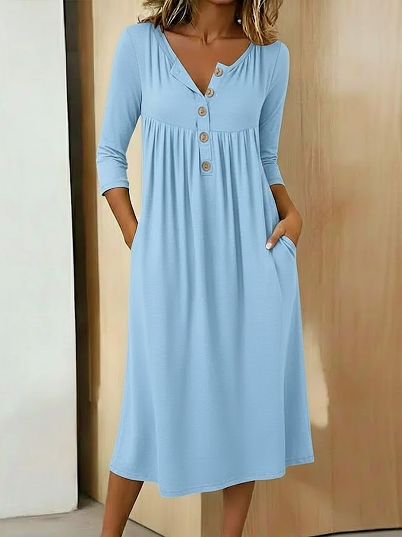 Damen Unifarben Halbarm Sommer Kleid Halb offener Kragen Urlaub Retro Maxikleid A-Linien-Kleid