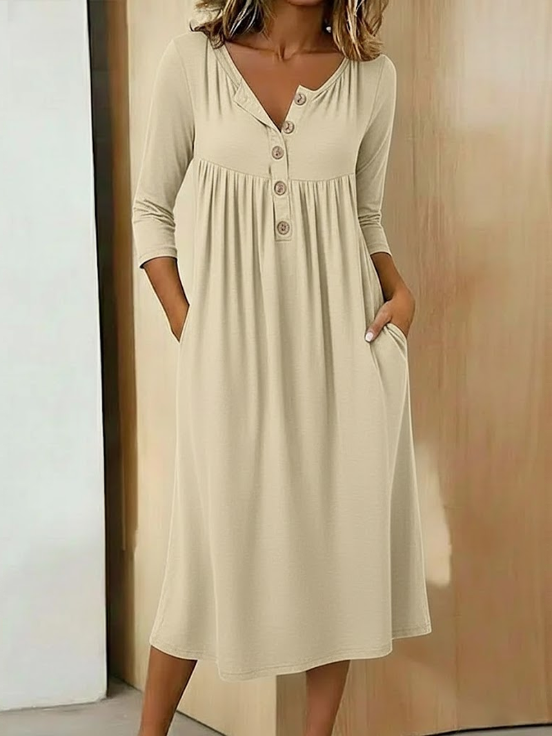 Damen Unifarben Halbarm Sommer Kleid Halb offener Kragen Urlaub Retro Maxikleid A-Linien-Kleid