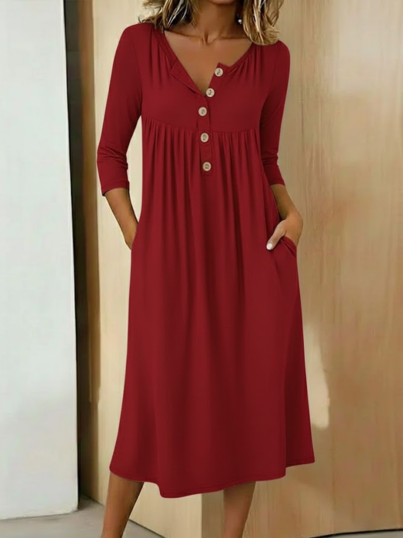 Damen Unifarben Halbarm Sommer Kleid Halb offener Kragen Urlaub Retro Maxikleid A-Linien-Kleid