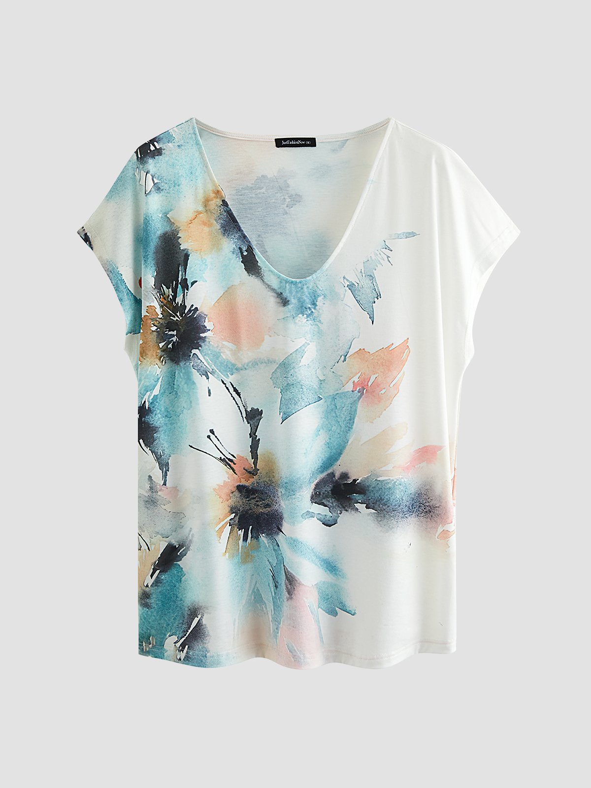 V-Ausschnitt Blumenmuster Hemdärmel T-shirt Bedrucken