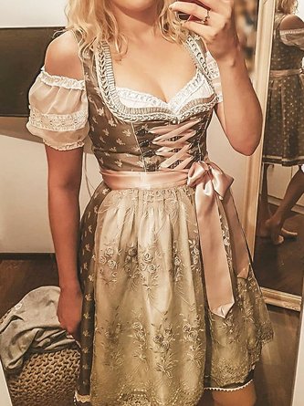 Dirndl Oktoberfest Süß Print Sommer Baumwolle A-Linien Leicht Schnürung Große Größen Süßherz Ausschnitt Kleider für Damen