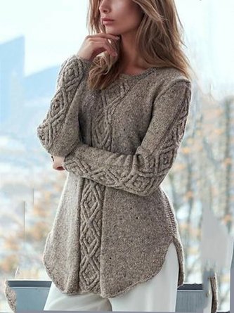 Grau Acryl Lässig Langarm Unifarben Pullover