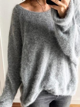 Retro Baumwolle-Gemisch Unifarben Pullover