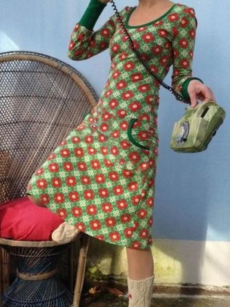 Multifarben Baumwollmischung Retro Schmal Strick Kleid