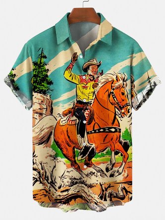 Herren Retro Cowboy Tasche Reitsport Lässig Weit Bequem Bluse