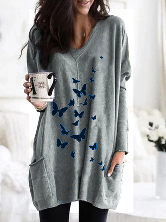 Lässig Locker Schmetterling V-Ausschnitt Blusen & Shirts Schmetterling Muster mittlere Länge Kleid