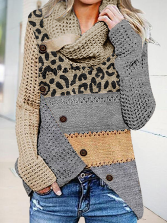 Farbblock Leopard Hoher Kragen Lässig Pullover