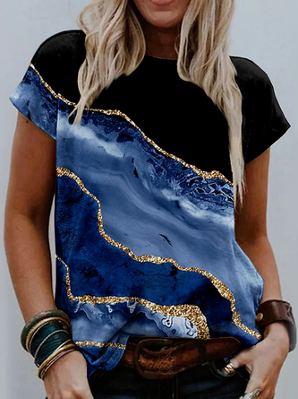 Baumwollgemisch Rundhals Abstrakt Kurzarm T-Shirt