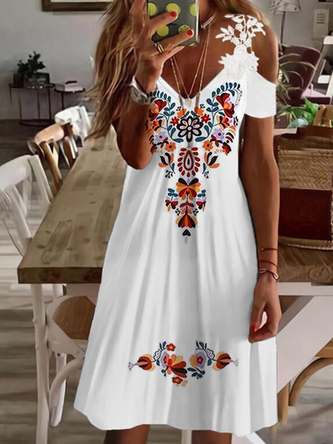 Böhmisch Ethnisch Locker Kurzarm Stricken Kleid