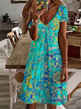 V-Ausschnitt Lässig Kurzarm Print Kleid