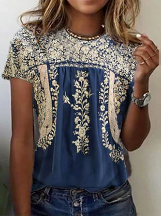 Kurzarm Ethnisches T-Shirt mit Blumenmuster
