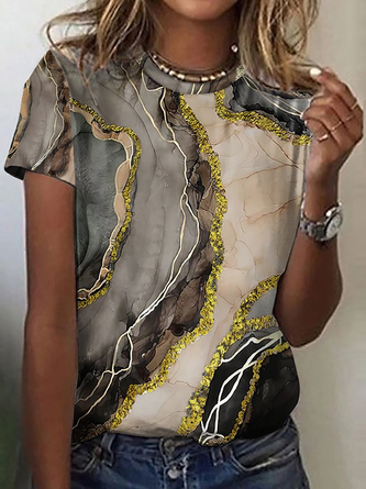 Kurzarm Rundhals Retro T-Shirt mit Marmor Batik Print