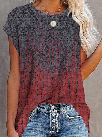 Paisley Kurzarm Print Baumwollmischung Rundhals Retro Sommer Rot Bluse Bedrucken