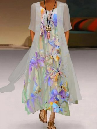 Schmetterling Print Lässig Rundhals Kleid mit Mantel Zwei Stücke Sets