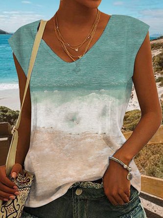 Große Größen Urlaub Ozean Strand Landschaft Print Täglich Urlaub Bluse T-Shirt