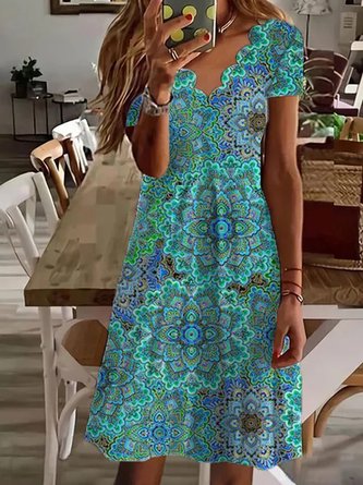 Paisley V-Ausschnitt Locker Kurzarm Stricken Kleid
