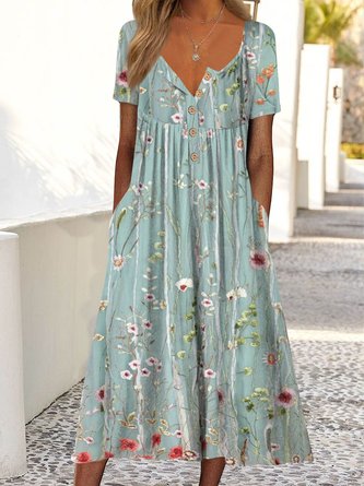 Farbverlauf Blume Weit Urlaub Hälfte offen Knopf Tasche a Saum Lang Kleid Große Größen