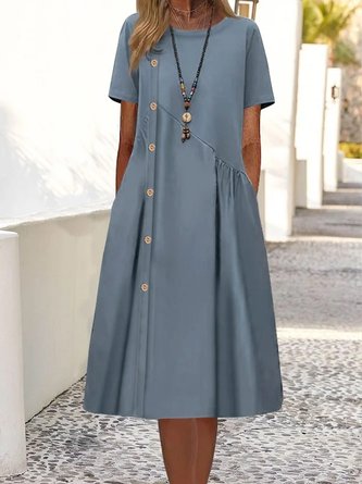Unifarben Baumwolle Leinen Nagel Schnalle irregulär Design Weit Hm Midikleid Große Größen