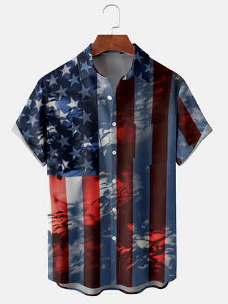 Retro festlich Sammlung amerikanisch Flagge Muster Revers Kurzarm Brusttasche Bluse Print Oberteile