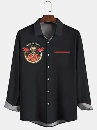 Herren Hawaiische Schädel Kokosnussbaum Print Vorderseite Knöpfe Weich Atmungsaktiv Brusttasche Lässig Bowling-Shirts