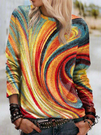 Damen Lässig Farbverlauf Herbst Elasthan Täglich Rundhals H-Linie Mittel Elastizität Regelmäßig Größe Sweatshirts