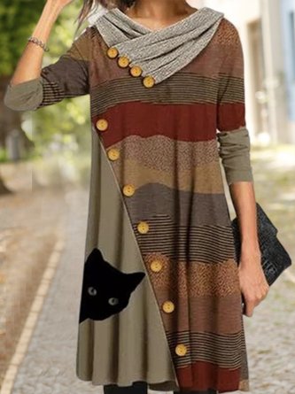 Damen Katze Lässig Herbst Mikroelastizität Weit Rock T-Shirt Kleid Regelmäßig Regelmäßig Größe Kleider