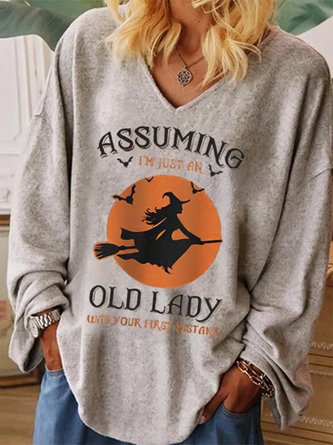 Damen Lässig Textbriefe Herbst V-Ausschnitt Täglich Jersey Halloween Regelmäßig Regelmäßig Größe Blusen & Shirts