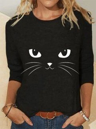 Damen Lässig Herbst Katze Täglich Regelmäßige Passform Jersey Rundhals Regelmäßig Größe T-shirt Bedrucken