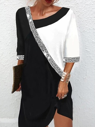 Farbblock Herbst Urban Normal Mikroelastizität Regelmäßige Passform Asymmetrisch T-Shirt Kleid Regelmäßig Kleider für Damen