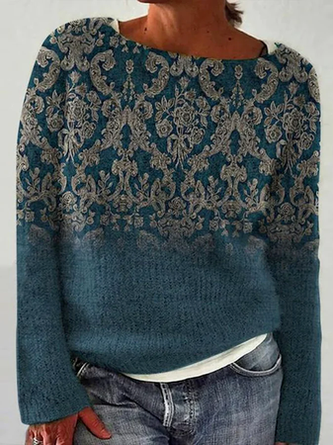 Böhmisch Ethnisch Herbst Täglich Weit Langarm Stricken Regelmäßig H-Linie Pullover für Damen