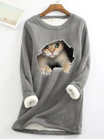 Rundhals Katze Lässig Wärme Sweatshirt