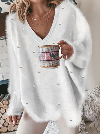 V-Ausschnitt Lässig Unifarben Perle Behaart Tunika Pullover