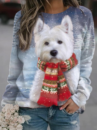 Weihnachten Rundhals Weit Hund Lässig Sweatshirt