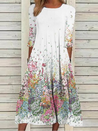 Lässig Rundhals Geblümt Kleid